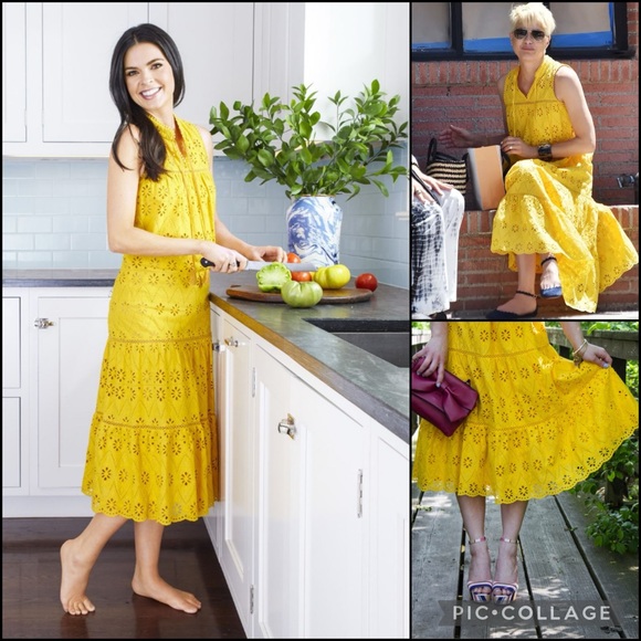 Crown & Ivy Yellow Crochet Eyelet Lace Pom Pom Tie Midi Dress - Picture 2 of 7